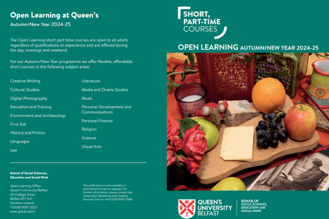 Poster of Open Learning Programme details for autumn 2024 and winter 2025, including photo of a chopping board surrounded by different objects - cheese, apples, a jug, an old photo of a woman reading, old books and roses